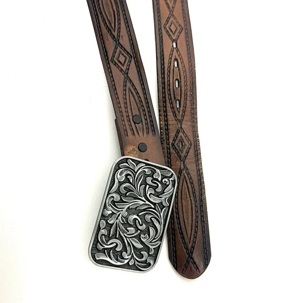 Men’s Western Tooled Top Grain Leather Belt Removable Buckle‎ Sz 38 Made in USA